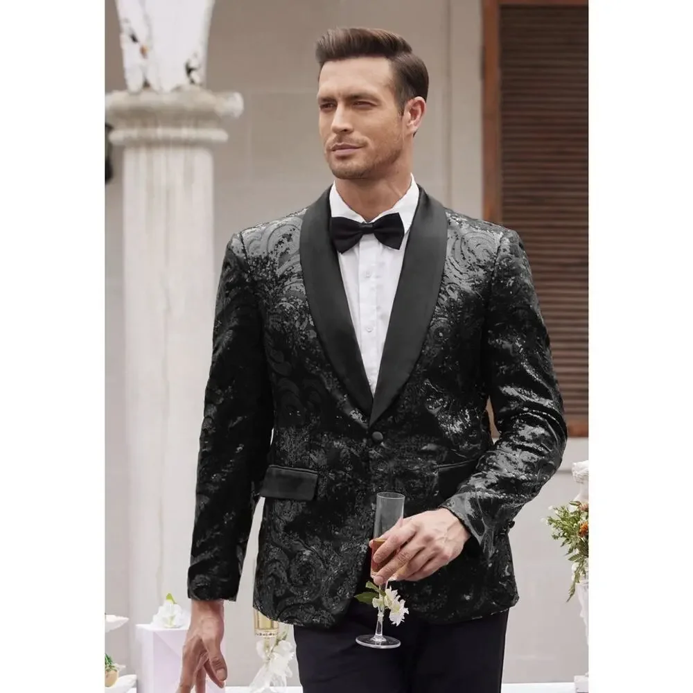 COOFANDY Mens Sequin Dinner Jacket Sparkly Glitter Shiny Black Suit Blazer M